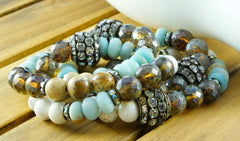 Boho Mixed Stone Stacking Bracelets: Aquamarine, Jasper & Czech Glass