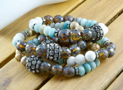 Boho Mixed Stone Stacking Bracelets: Aquamarine, Jasper & Czech Glass