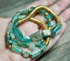 Roman Glass Bracelet: Green & Gold Stacking Stretch Bracelet