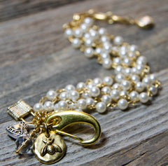 Pearl Gold Charm Bracelet, Rear Window Bracelet, Statement Bracelet, Gold Charm, Grace Kelly, Shabby Chic, Multi Strand