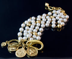 Grace Kelly, Rear Window Bracelet, Charm Bracelet, Pearl Jewelry, Gold and Pearl Statement Bracelet, Gold Charm, Mother's Day Gift