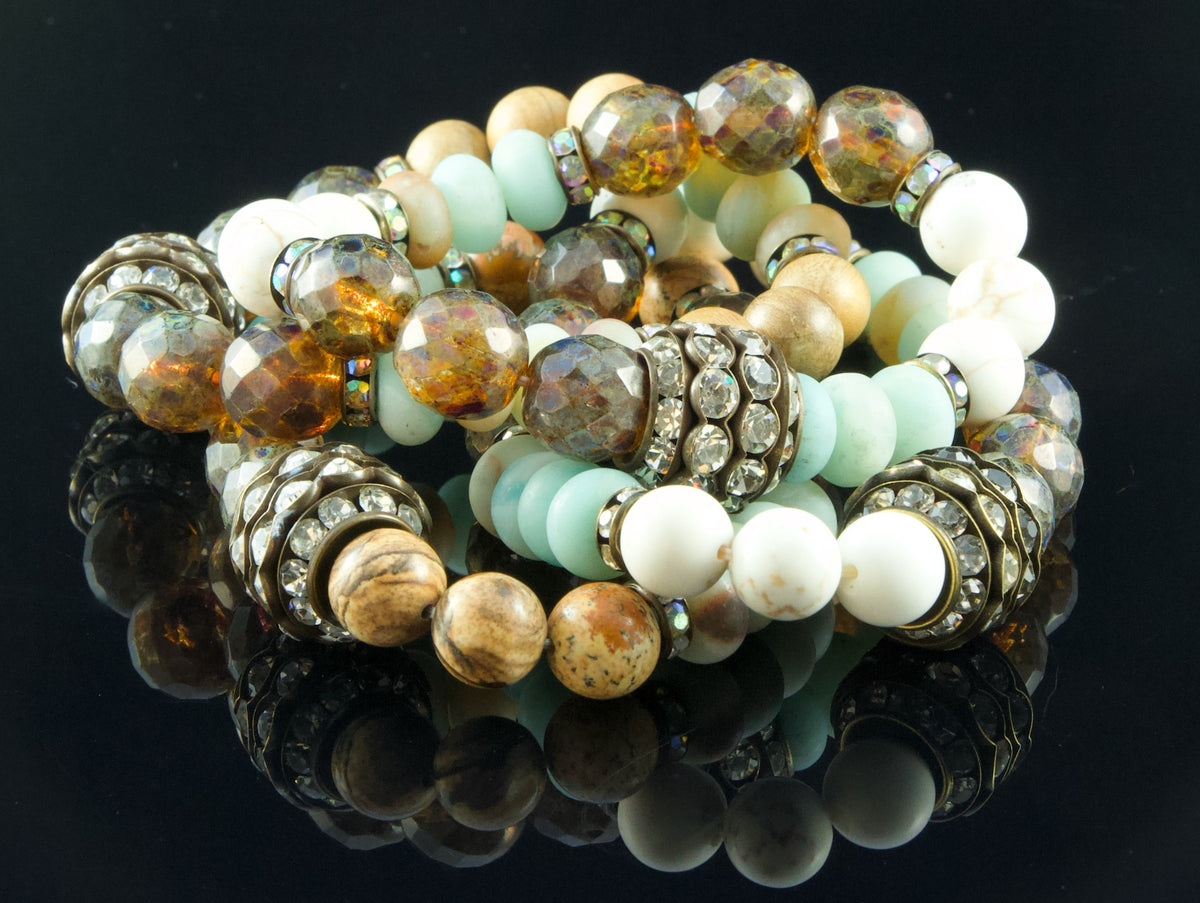 Boho Mixed Stone Stacking Bracelets: Aquamarine, Jasper & Czech Glass