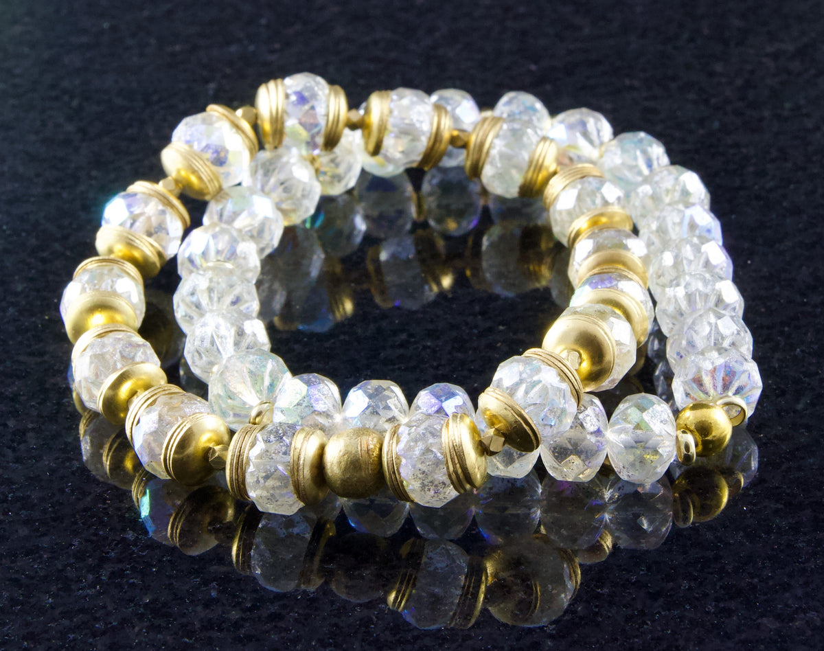 Gold and Crystal Stretch Bracelet: Czech Rondelle Stacking Boho Bracelet
