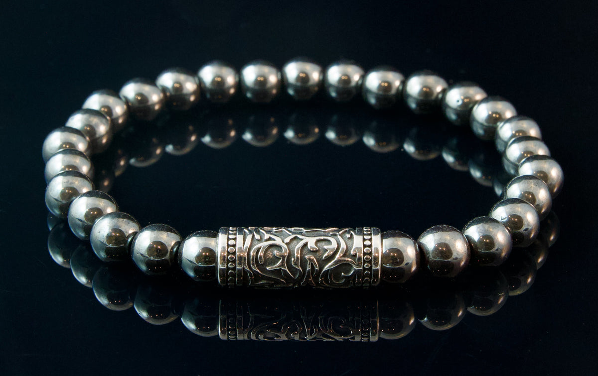 Hematite Beaded Bracelet for Men: Stainless Steel Vine Connector
