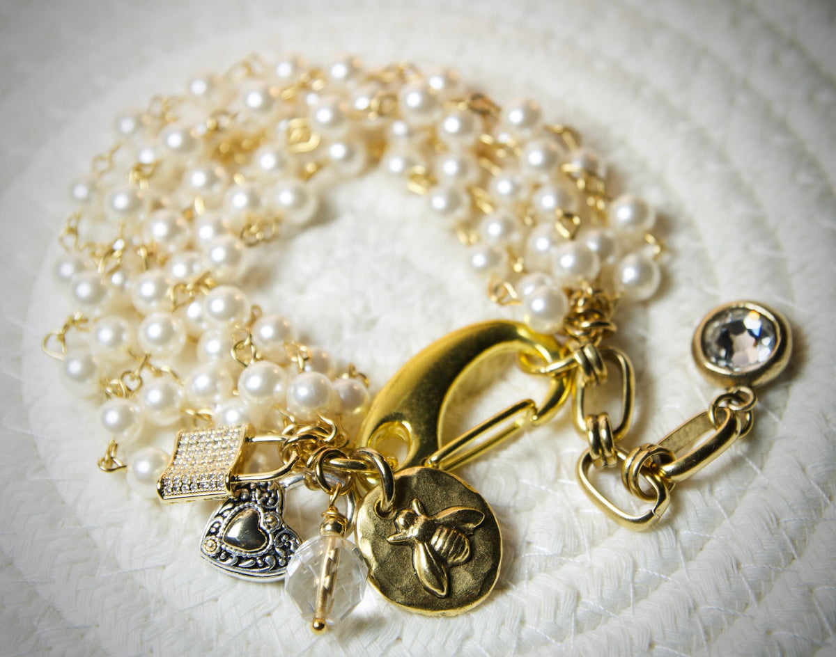 Pearl Gold Charm Bracelet, Rear Window Bracelet, Statement Bracelet, Gold Charm, Grace Kelly, Shabby Chic, Multi Strand