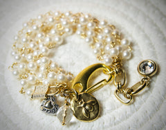 Pearl Gold Charm Bracelet, Rear Window Bracelet, Statement Bracelet, Gold Charm, Grace Kelly, Shabby Chic, Multi Strand